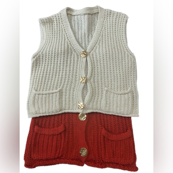 Bundle of two Red and Cream Knit Vests with Gold Buttons.Sz S. - Picture 2 of 5